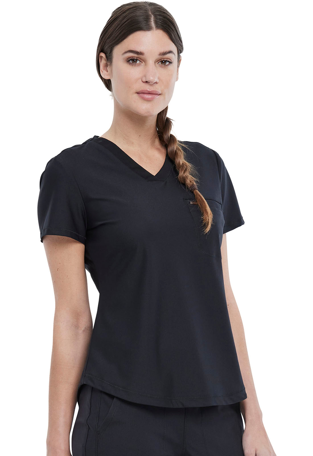 Form CK819 Tuckable V-Neck Top Black Model Image Left Side | Cherokee