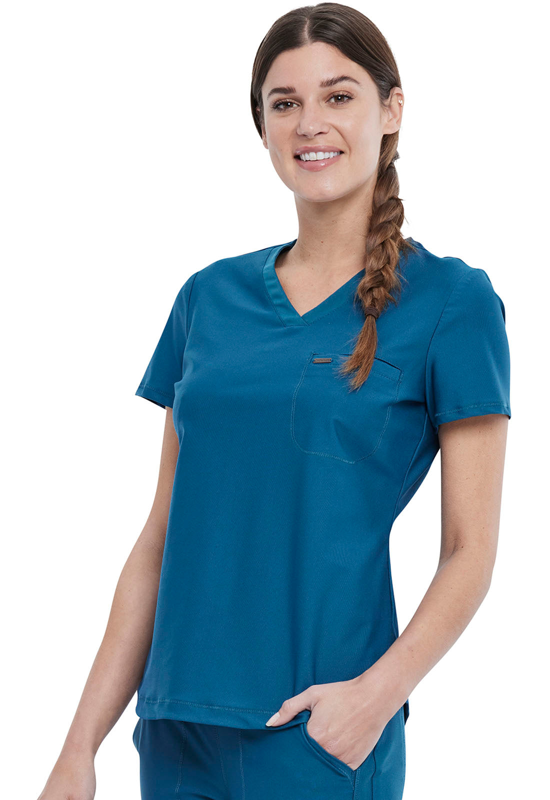 Form CK819 Tuckable V-Neck Top Caribbean Blue Model Image Right Side | Cherokee