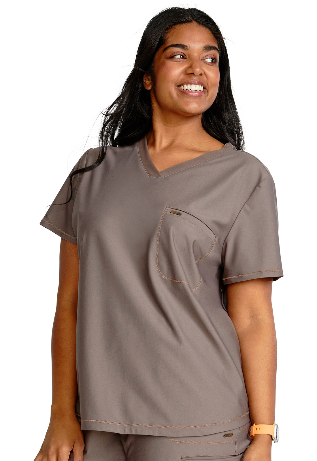 Form CK819 Tuckable V-Neck Top Iron Model Image Right Side | Cherokee