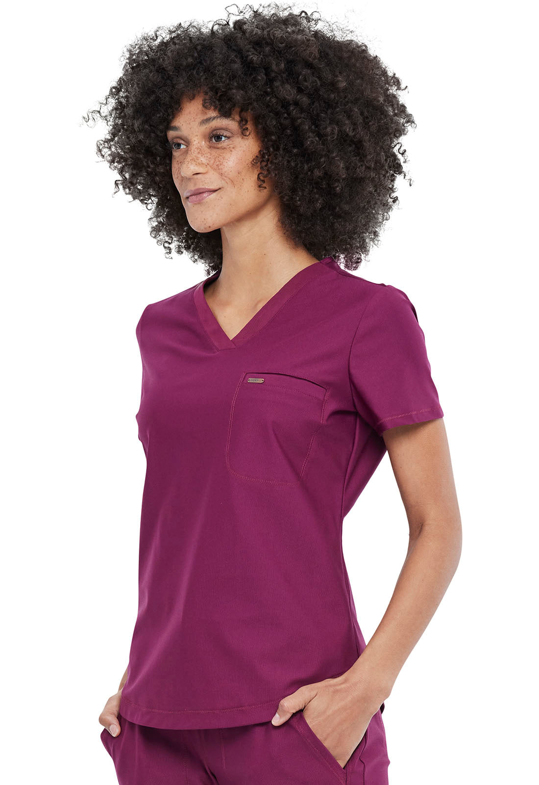 Form CK819 Tuckable V-Neck Top Wine Model Image Right Side | Cherokee