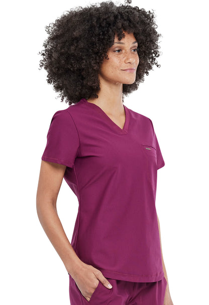 Form CK819 Tuckable V-Neck Top Wine Model Image Left Side | Cherokee