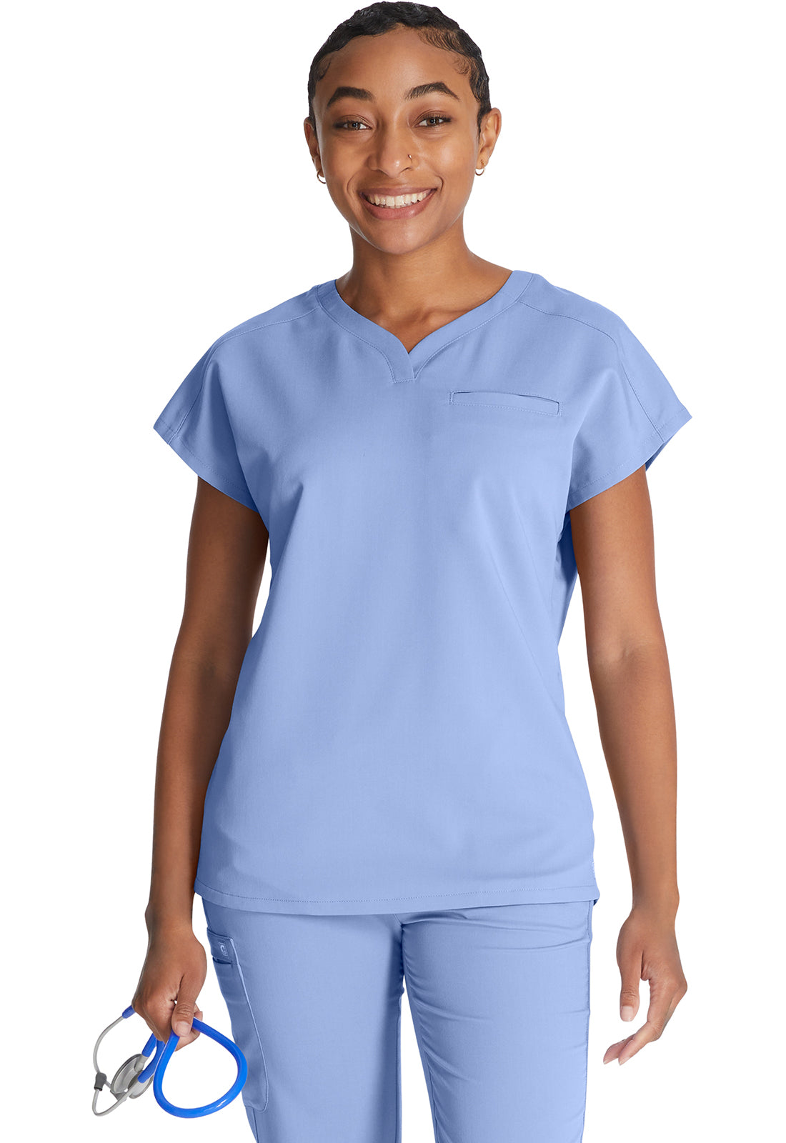 Atmos CK836A V-Neck Top Blissful Sky Model Image Front | Cherokee