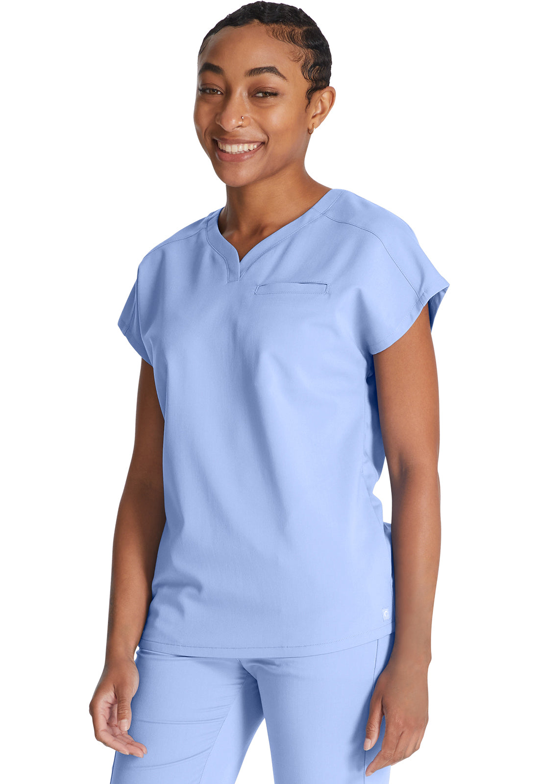 Atmos CK836A V-Neck Top Blissful Sky Model Image Right Side | Cherokee