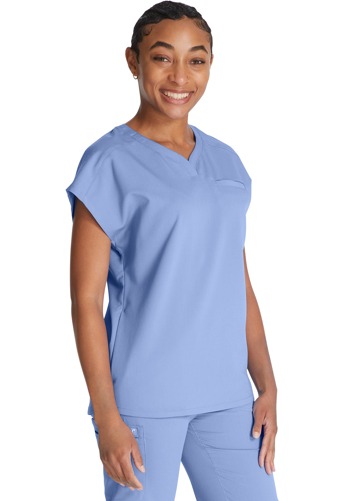 Atmos CK836A V-Neck Top Blissful Sky Model Image Left Side | Cherokee