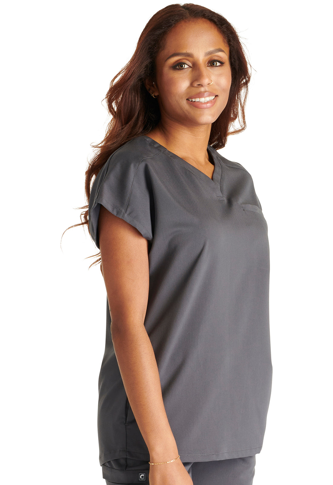 Atmos CK836A V-Neck Top Pewter Model Image Left Side | Cherokee