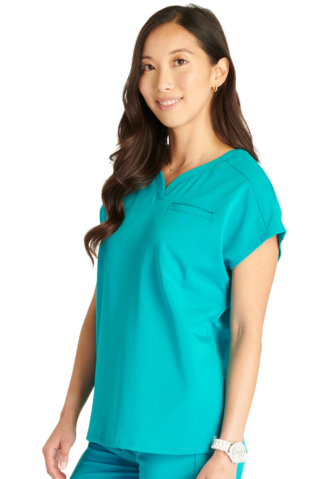 Atmos CK836A V-Neck Top Teal Blue Model Image Right Side | Cherokee