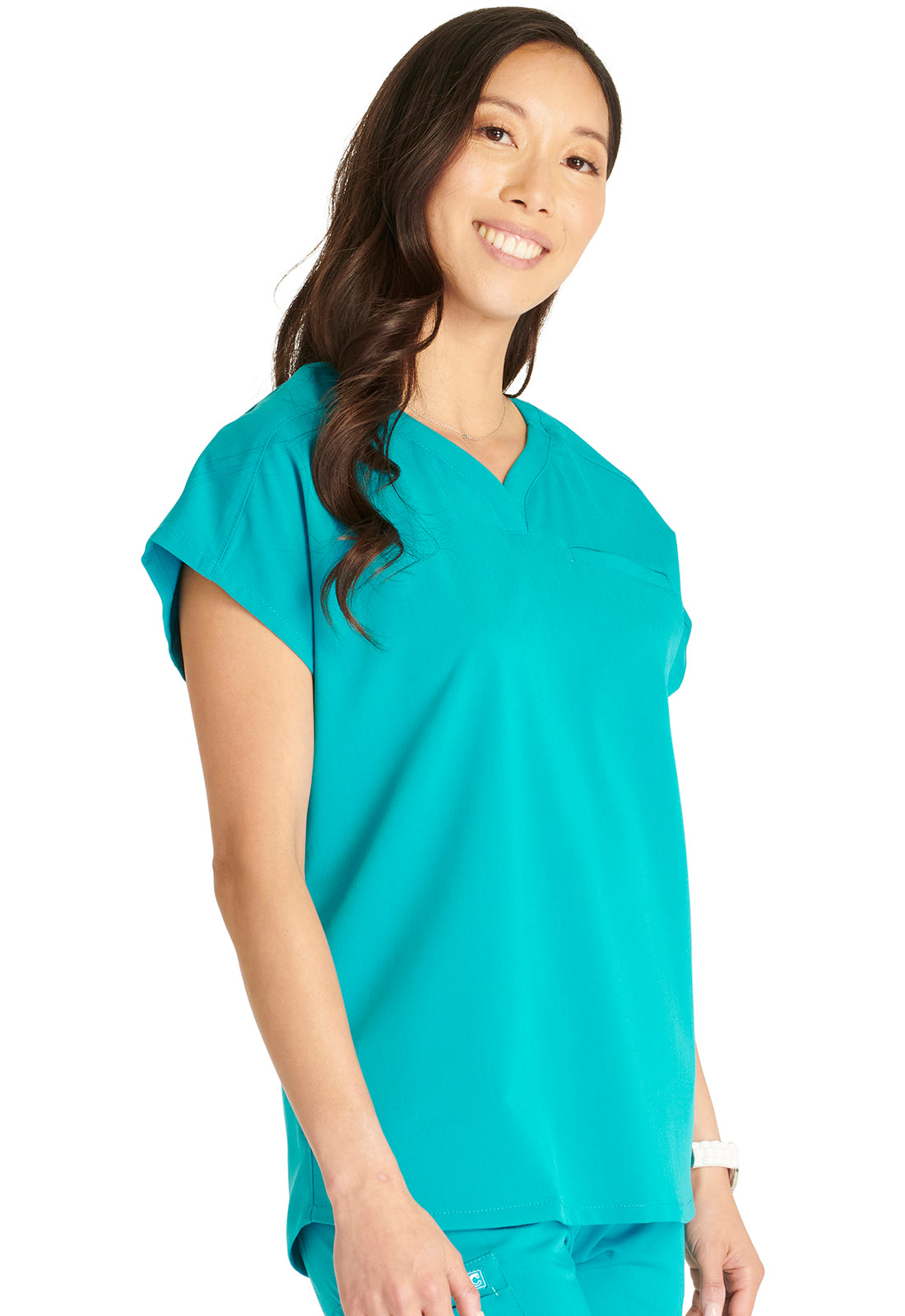 Atmos CK836A V-Neck Top Teal Blue Model Image Left Side | Cherokee