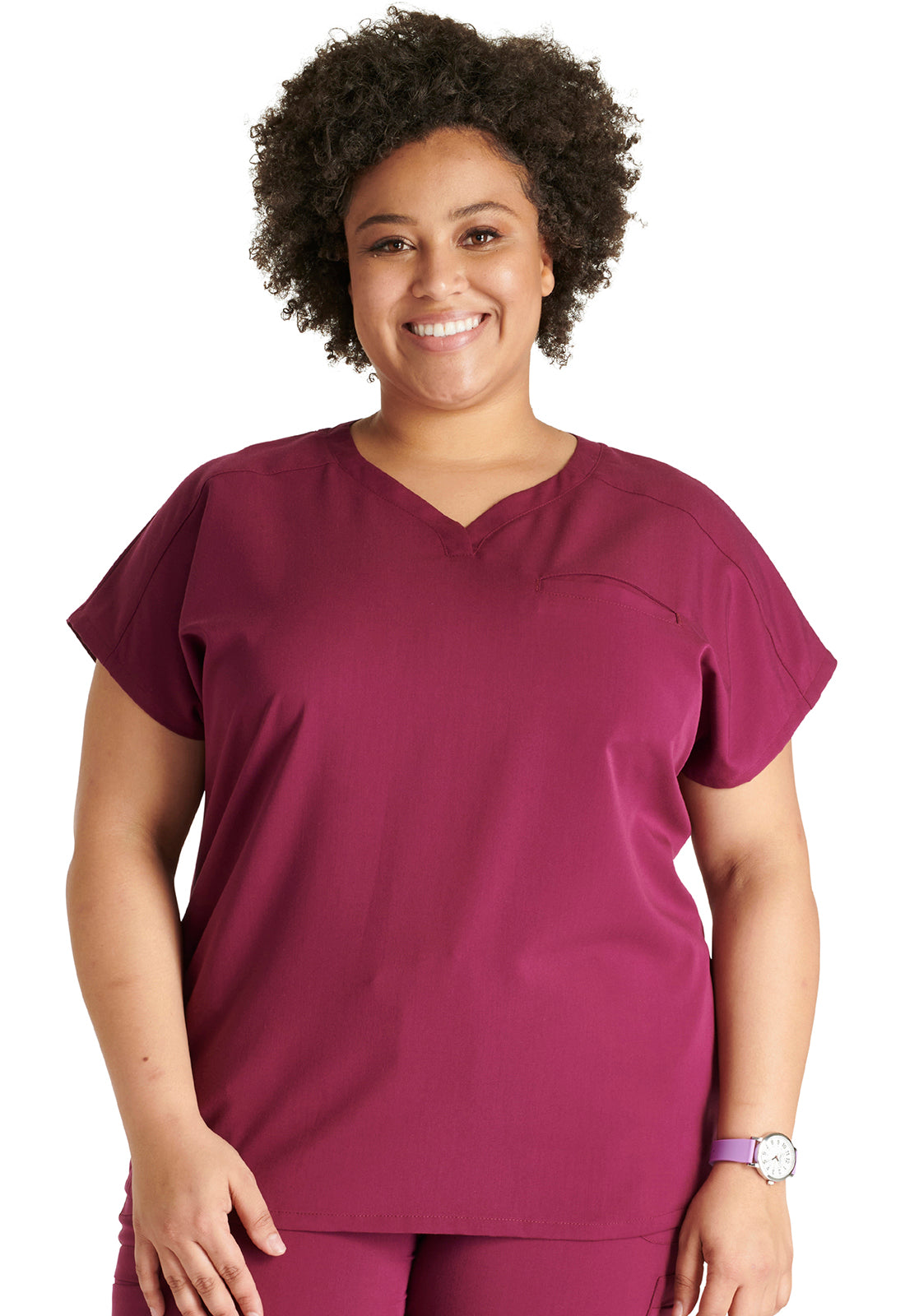 Atmos CK836A V-Neck Top Wine Model Image Front | Cherokee