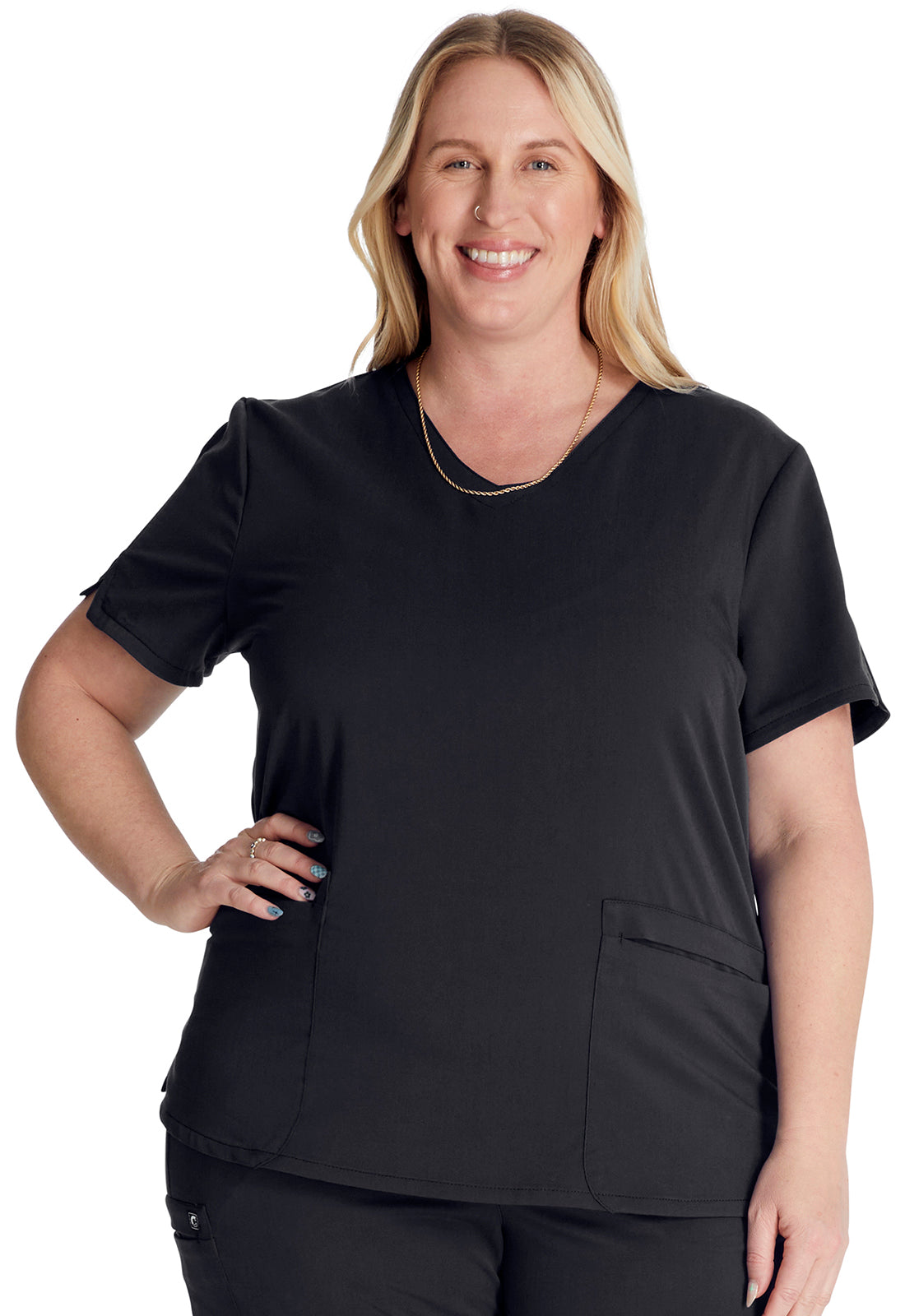 Atmos CK837A V-Neck Top Black Model Image Front | Cherokee