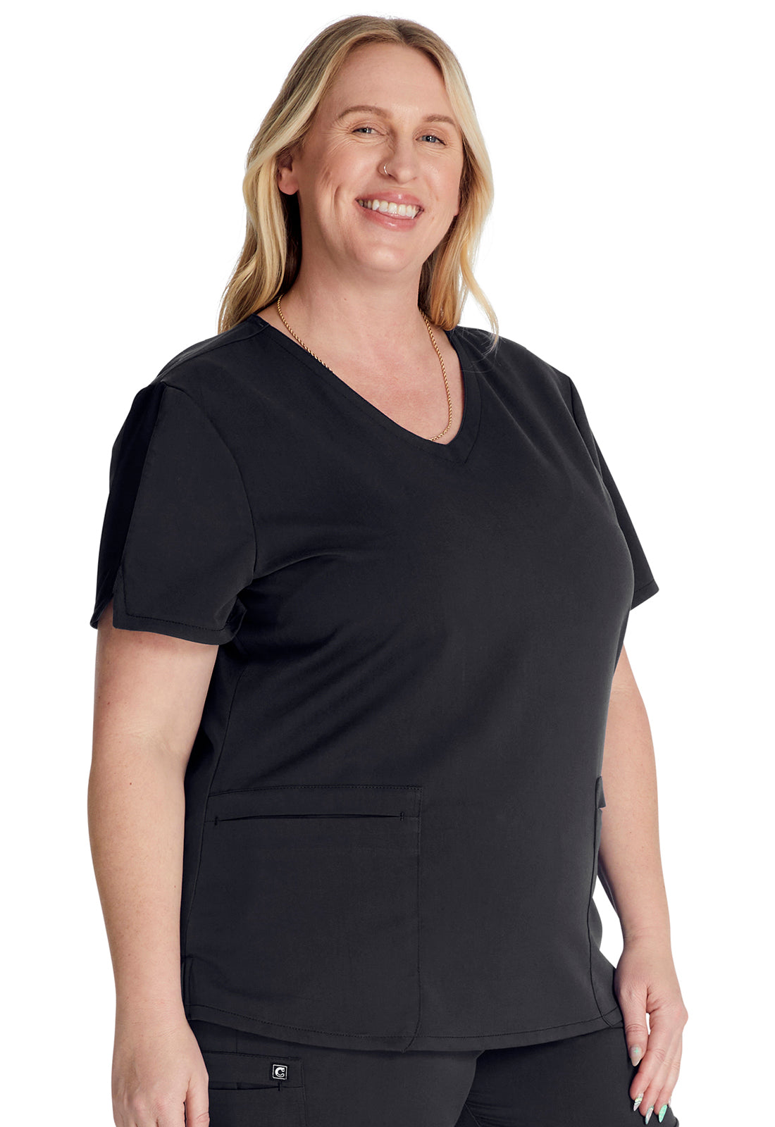 Atmos CK837A V-Neck Top Black Model Image Left Side | Cherokee