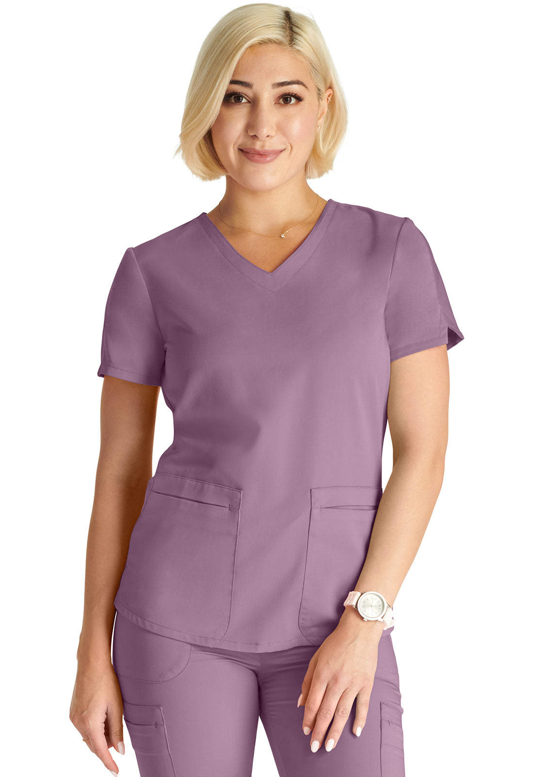 Atmos CK837A V-Neck Top Mauve Haze Model Image Front | Cherokee