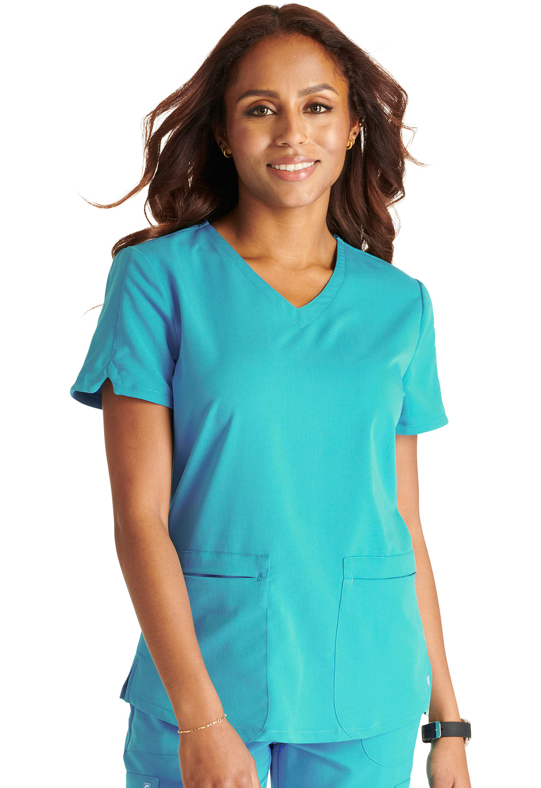 Atmos CK837A V-Neck Top Teal Blue Model Image Front | Cherokee