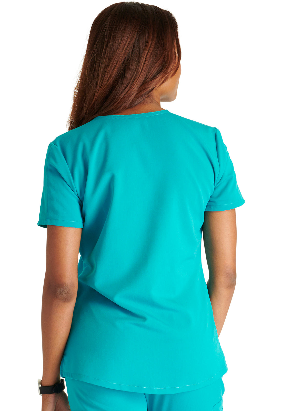 Atmos CK837A V-Neck Top Teal Blue Model Image Back | Cherokee