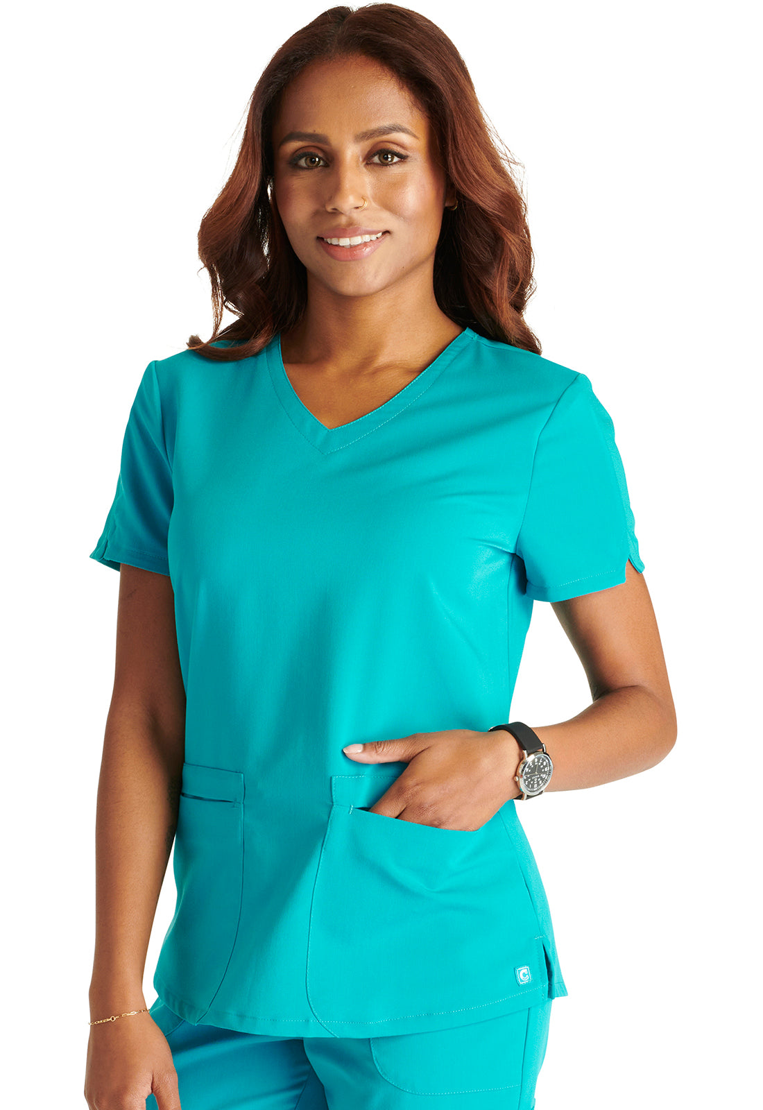 Atmos CK837A V-Neck Top Teal Blue Model Image Right Side | Cherokee