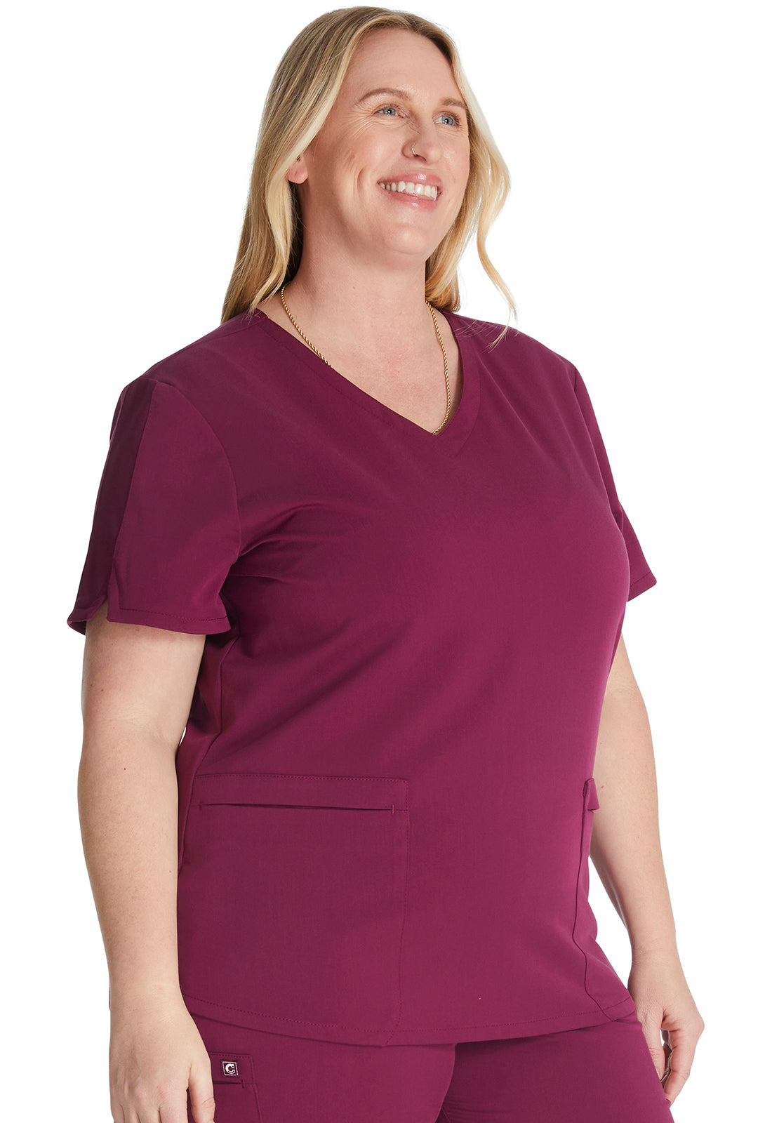 Atmos CK837A V-Neck Top Wine Model Image Left Side | Cherokee