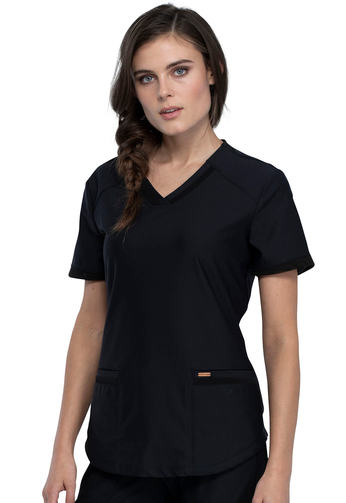 Form CK840 V-Neck Top Black Model Image Right Side | Cherokee