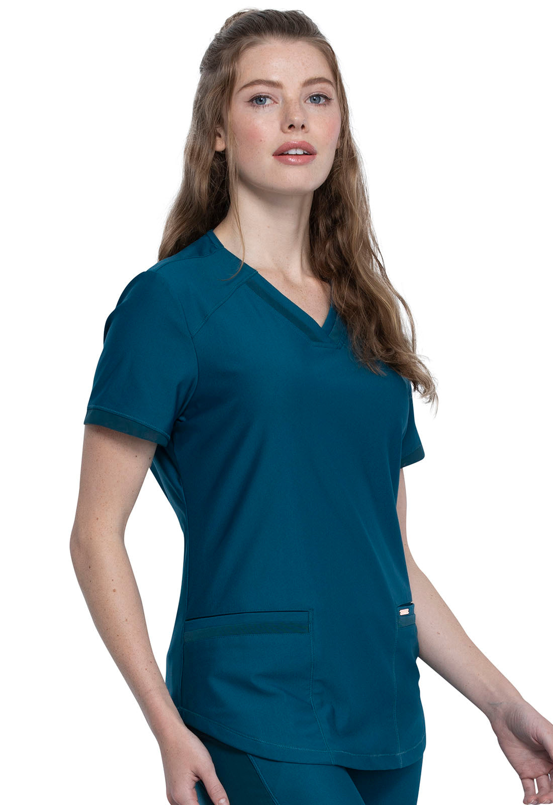 Form CK840 V-Neck Top Caribbean Blue Model Image Left Side | Cherokee