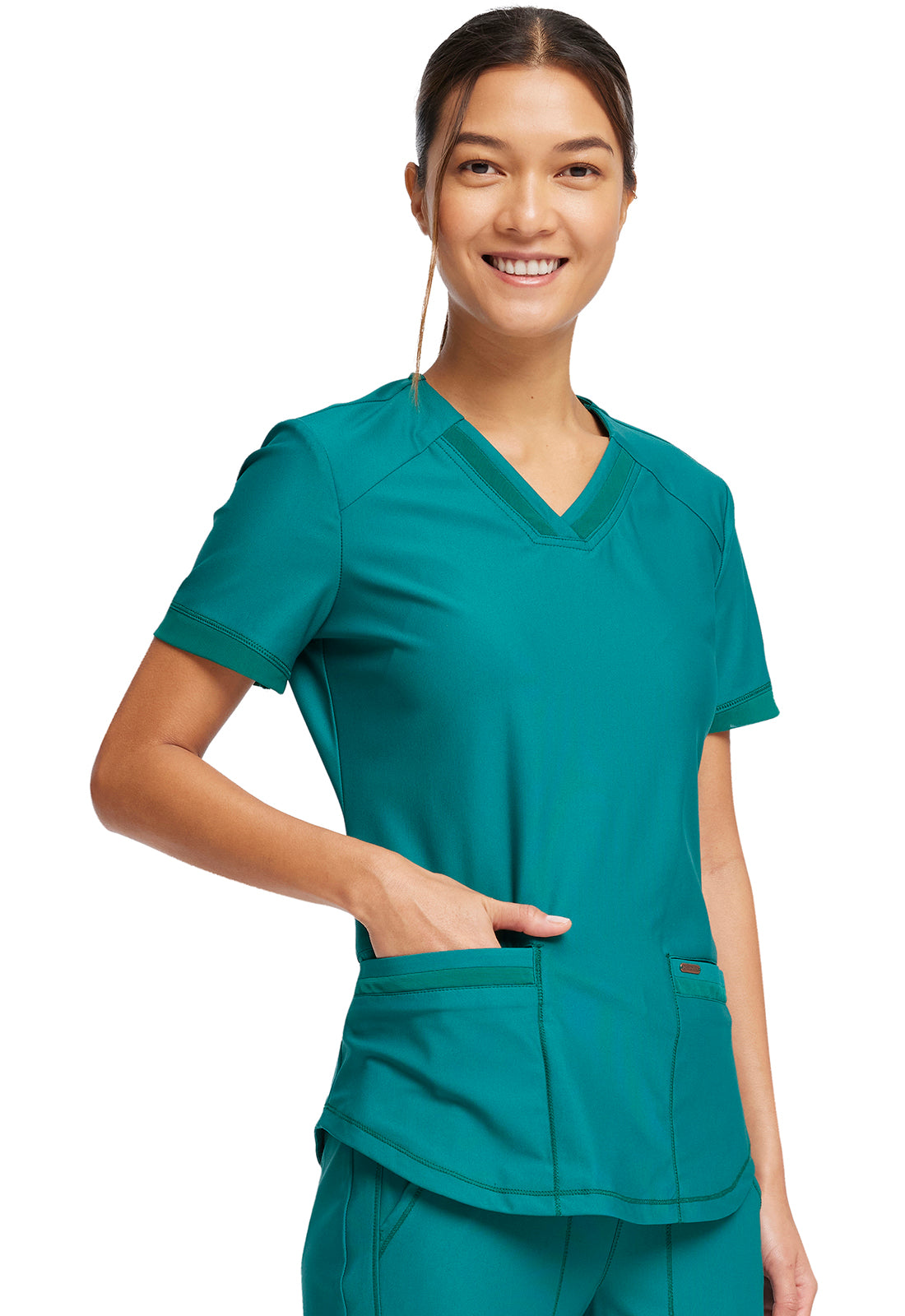 Form CK840 V-Neck Top Hunter Green Model Image Left Side | Cherokee