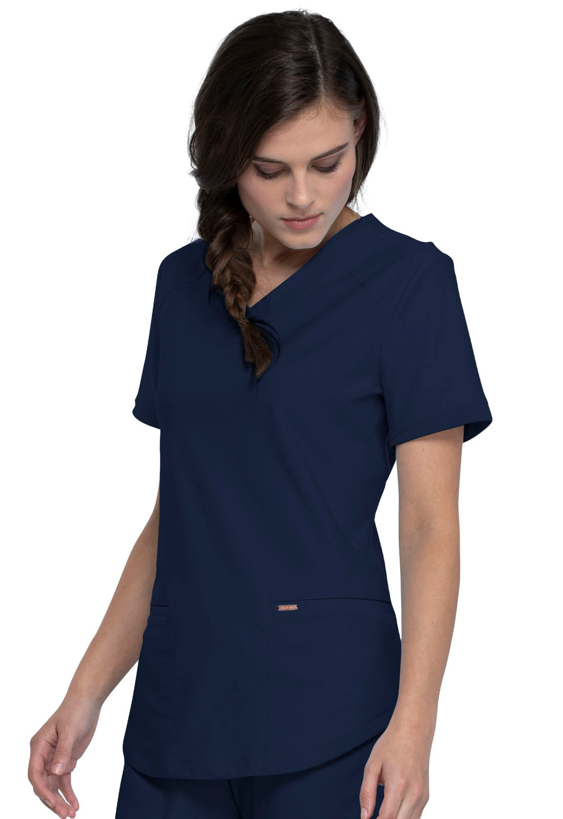 Form CK840 V-Neck Top Navy Model Image Right Side | Cherokee