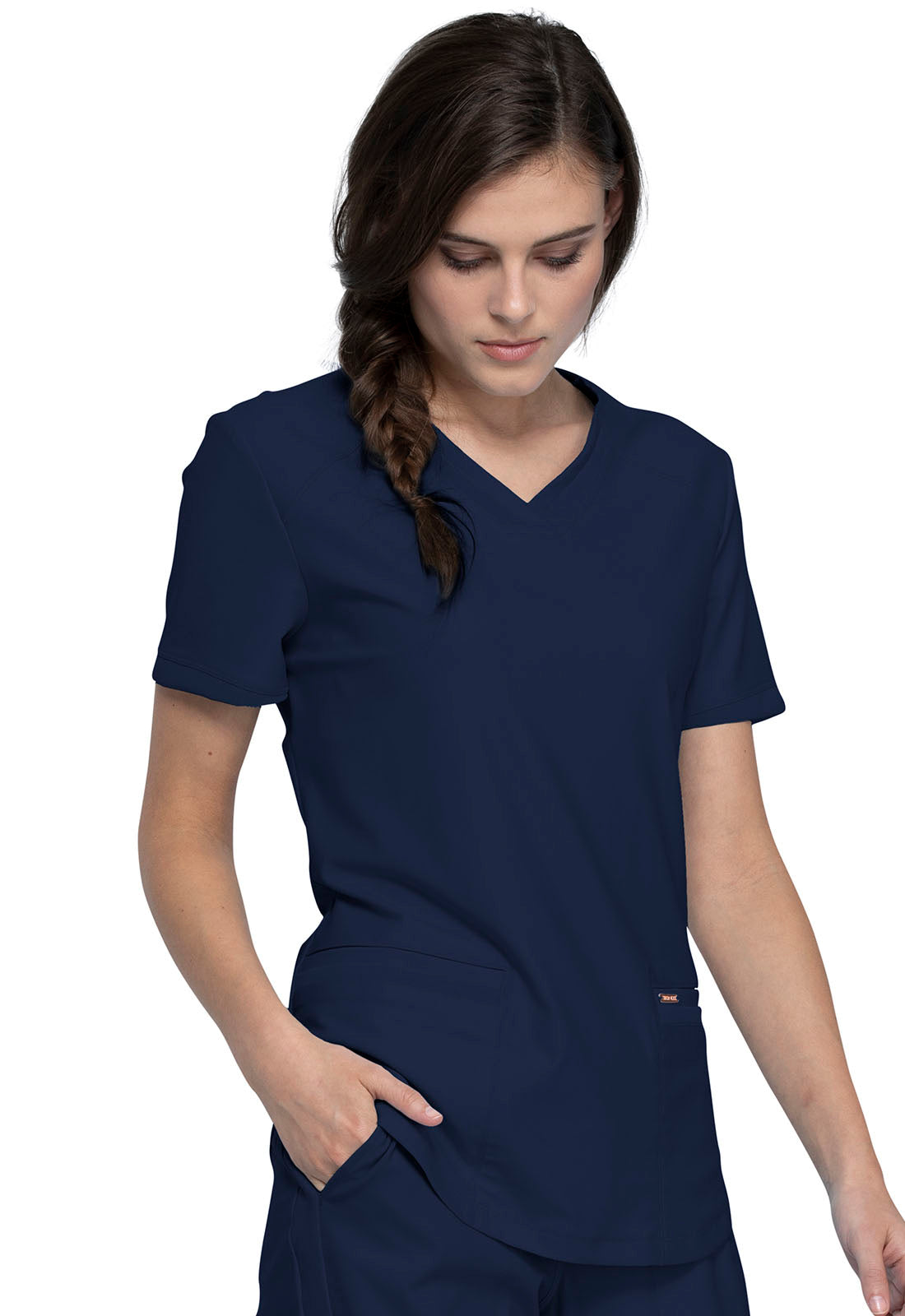 Form CK840 V-Neck Top Navy Model Image Left Side | Cherokee