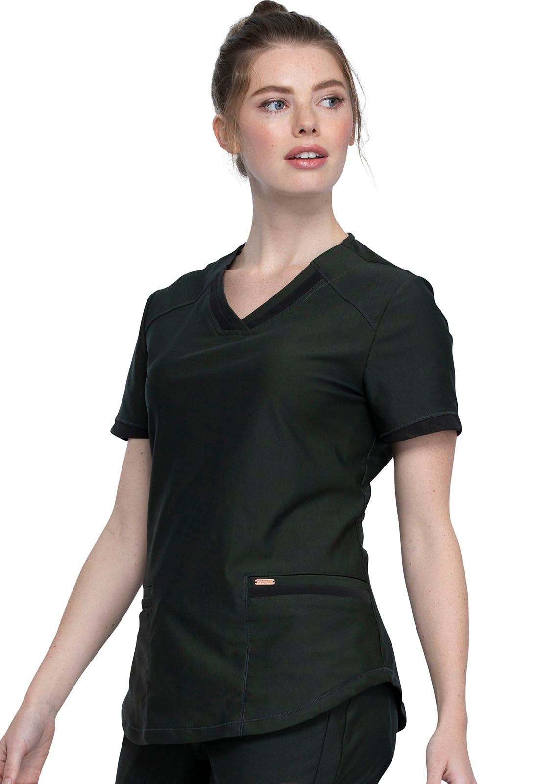 Form CK840 V-Neck Top Olive Branch Model Image Right Side | Cherokee