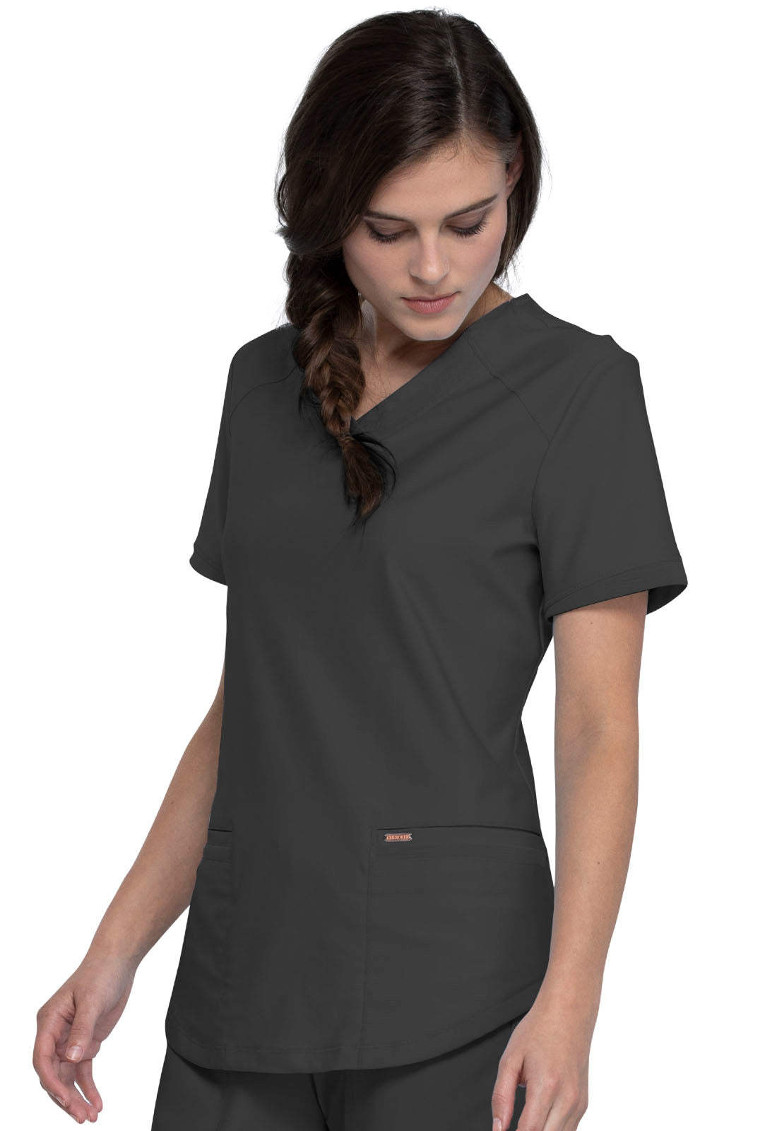 Form CK840 V-Neck Top Pewter Model Image Right Side | Cherokee