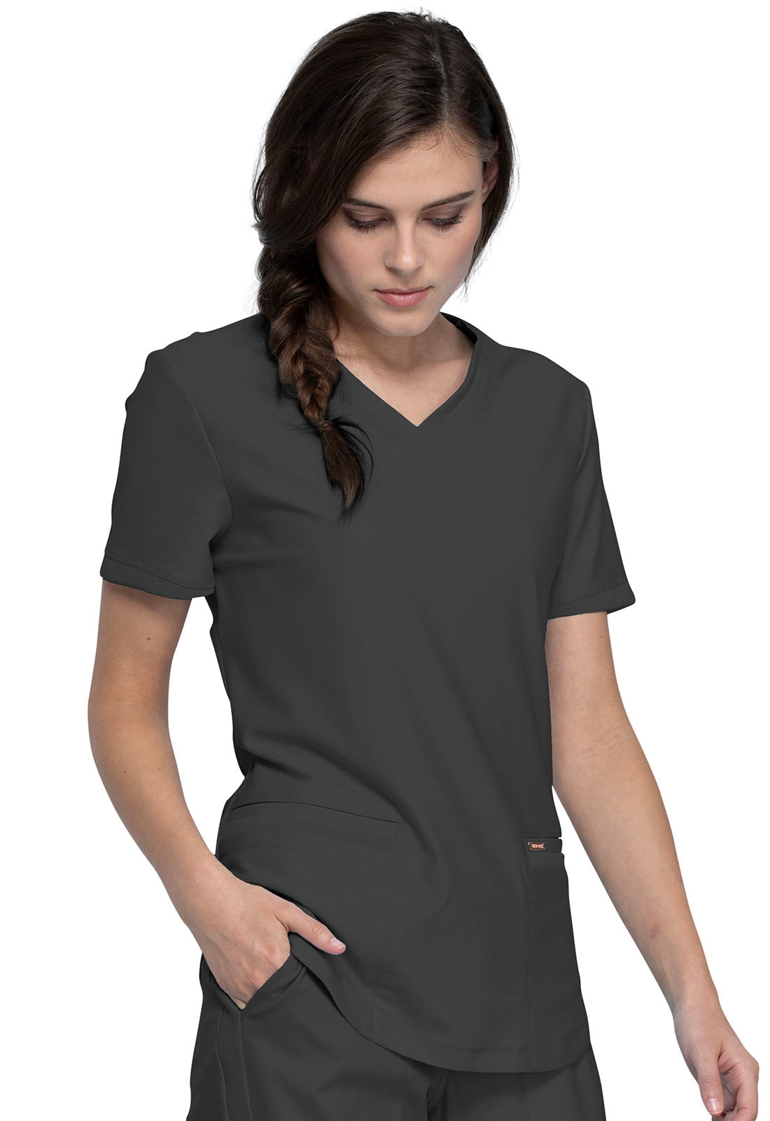 Form CK840 V-Neck Top Pewter Model Image Left Side | Cherokee