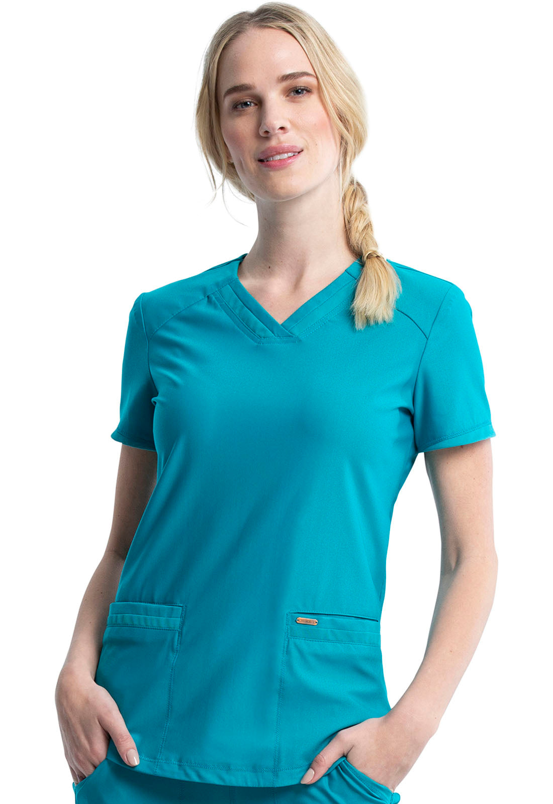 Form CK840 V-Neck Top Teal Blue Model Image Front | Cherokee