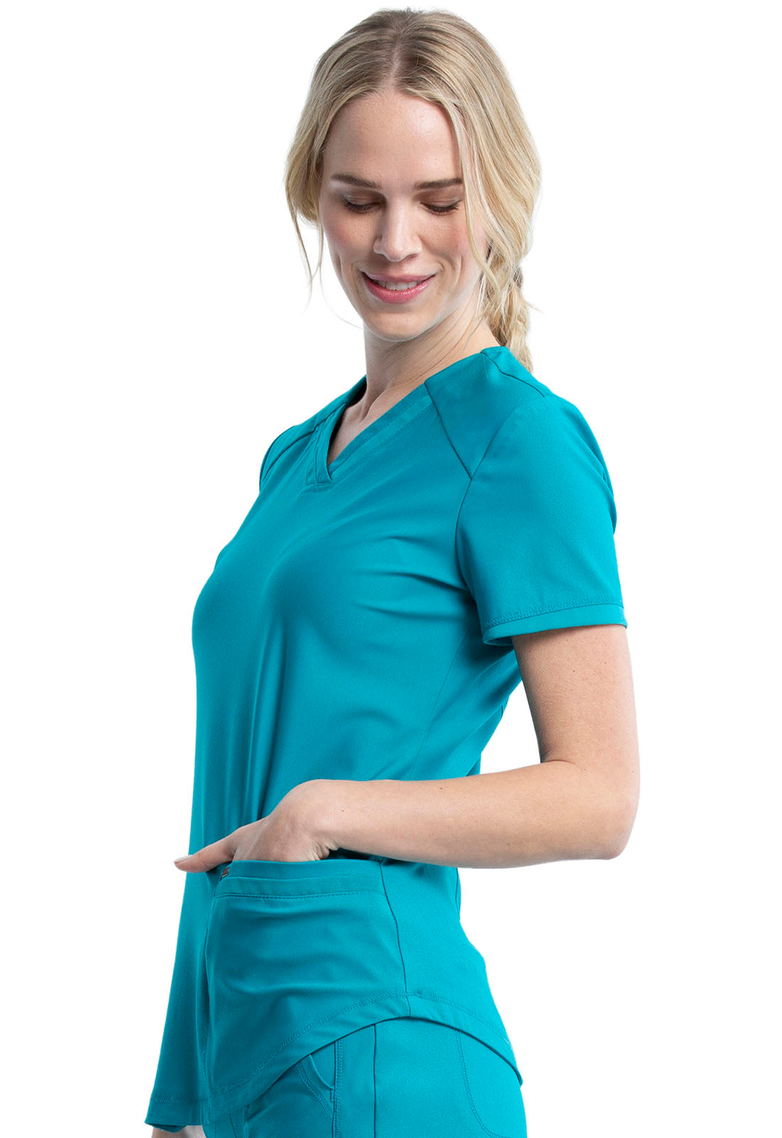 Form CK840 V-Neck Top Teal Blue Model Image Right Side | Cherokee