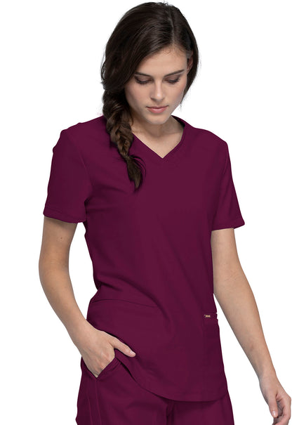 Form CK840 V-Neck Top Wine Model Image Left Side | Cherokee