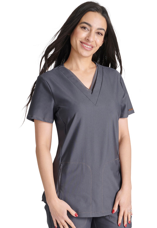 Form CK843 V Neck Top Pewter Model Image Front | Cherokee