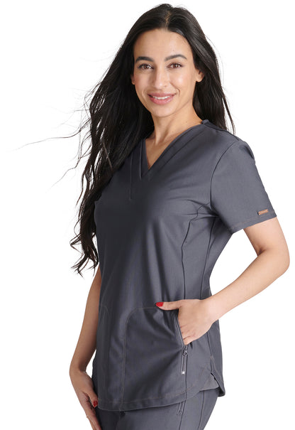 Form CK843 V Neck Top Pewter Model Image Right Side | Cherokee