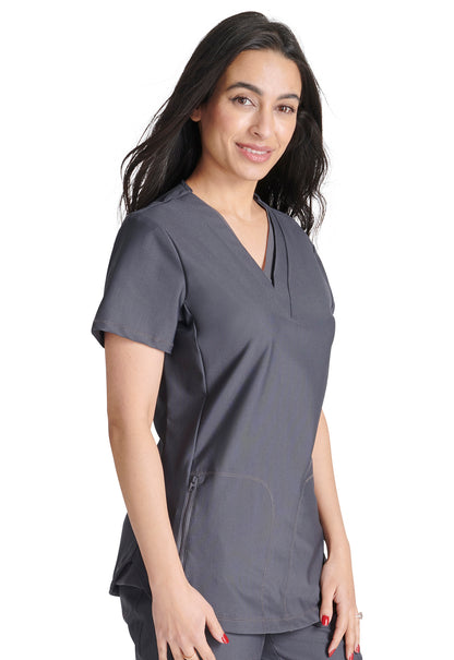 Form CK843 V Neck Top Pewter Model Image Left Side | Cherokee