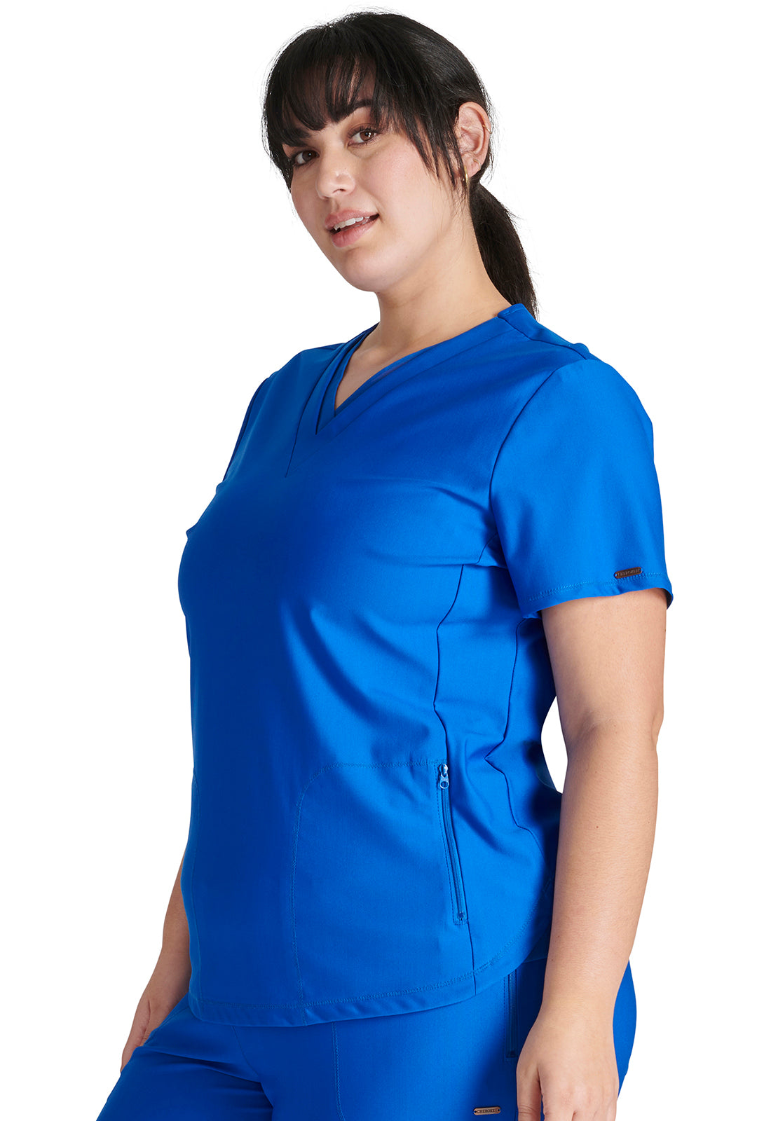 Form CK843 V Neck Top Royal Model Image Right Side | Cherokee