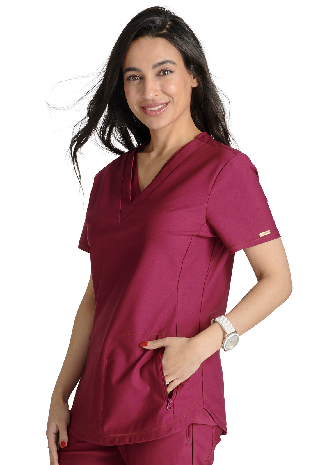 Form CK843 V Neck Top Wine Model Image Right Side | Cherokee