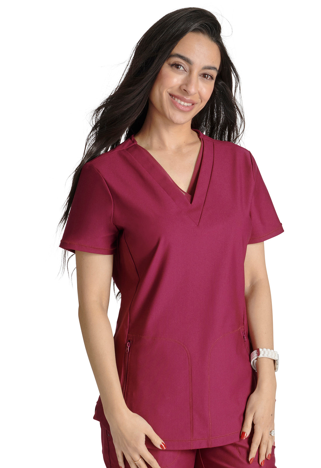 Form CK843 V Neck Top Wine Model Image Left Side | Cherokee