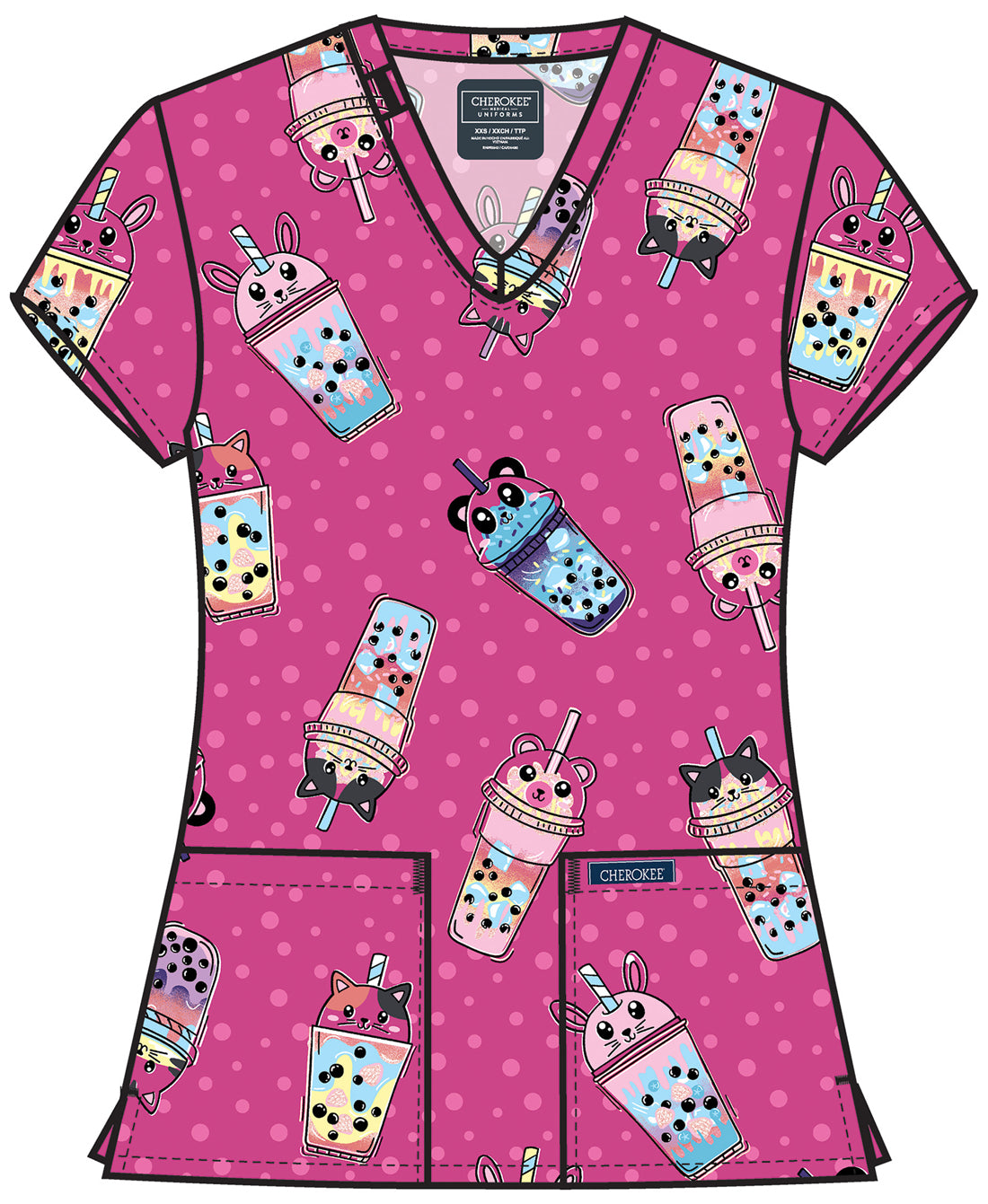 Genuine CK856 Women's Print V-Neck Scrub Top Boba Party