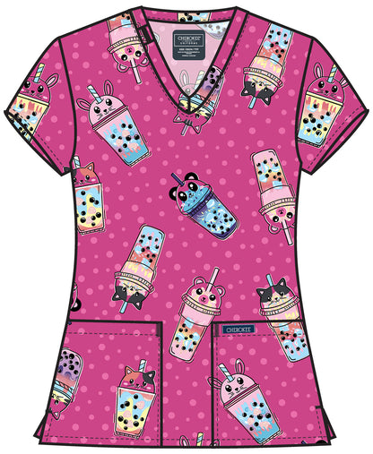 Genuine CK856 Women's Print V-Neck Scrub Top Boba Party