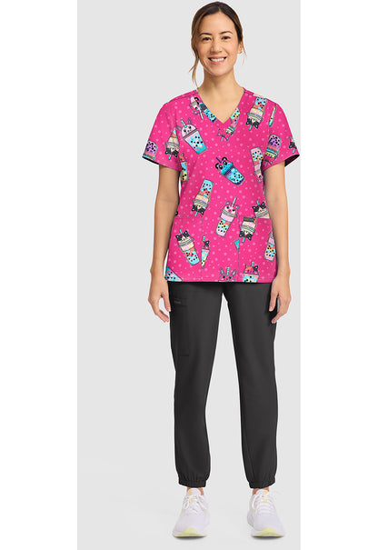 Genuine CK856 Women's Print V-Neck Scrub Top Boba Party