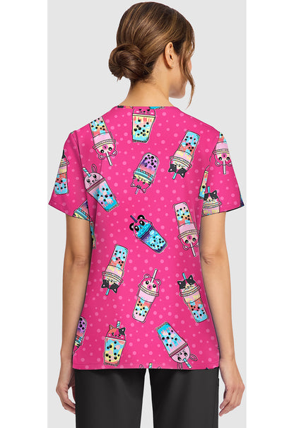 Genuine CK856 Women's Print V-Neck Scrub Top Boba Party