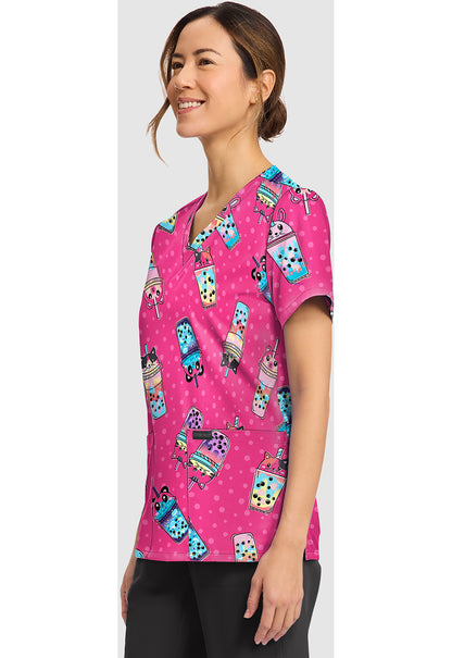 Genuine CK856 Women's Print V-Neck Scrub Top Boba Party