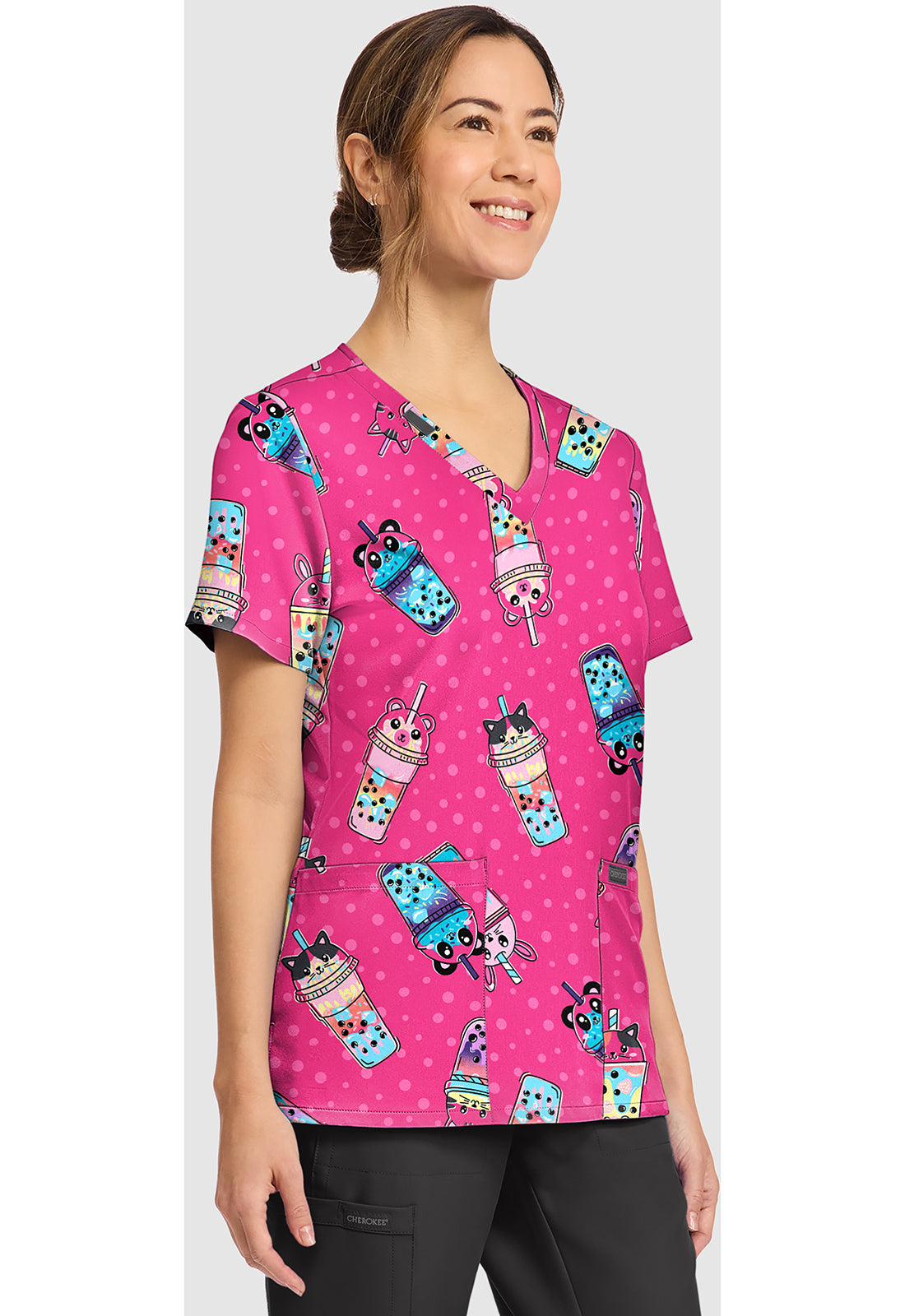 Genuine CK856 Women's Print V-Neck Scrub Top Boba Party