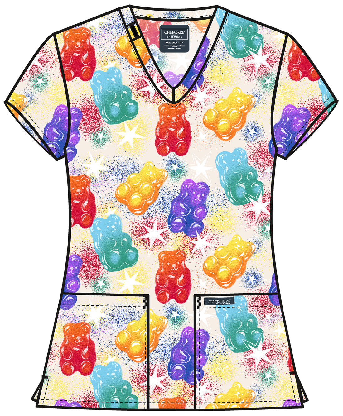 Genuine CK856 Women's Print V-Neck Scrub Top Beary Rainbow