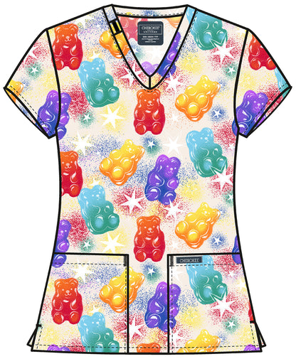 Genuine CK856 Women's Print V-Neck Scrub Top Beary Rainbow