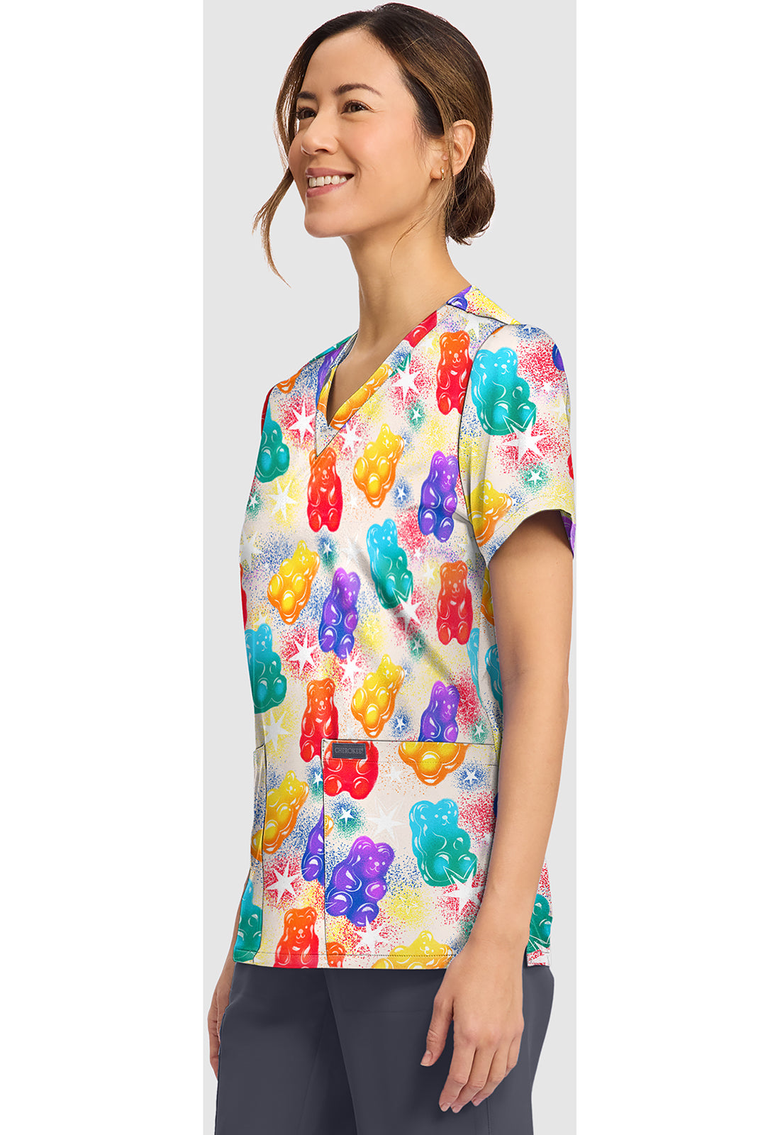 Genuine CK856 Women's Print V-Neck Scrub Top Beary Rainbow