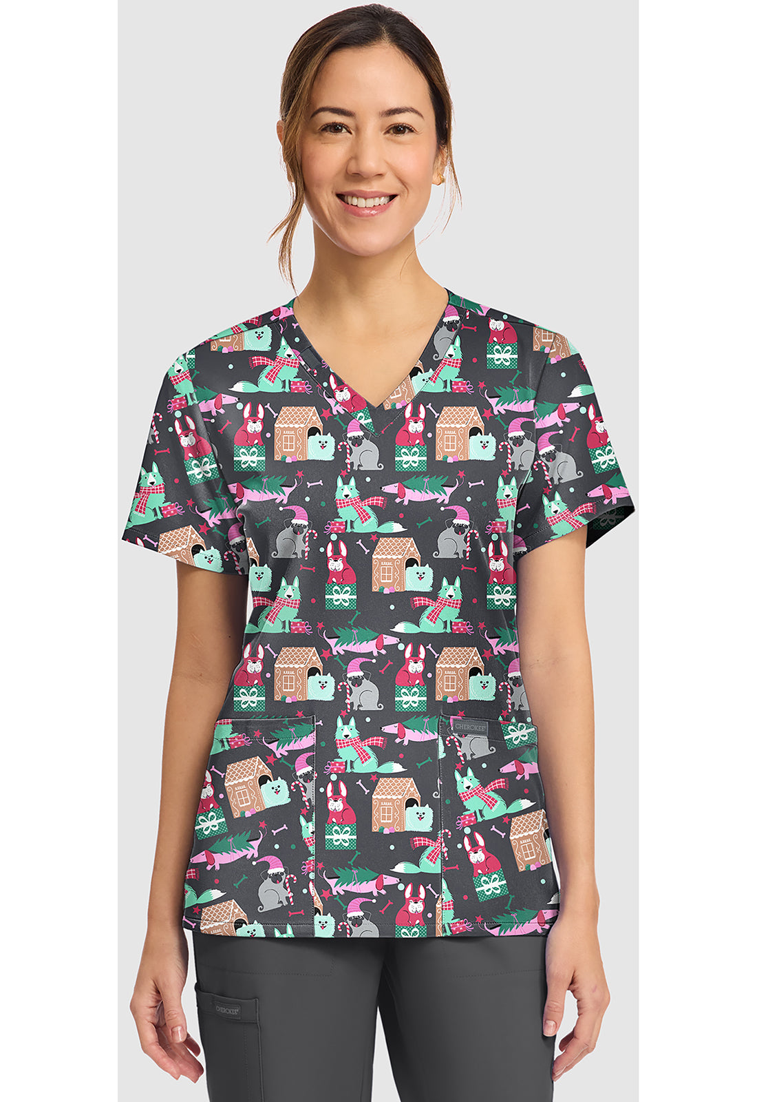 Genuine CK856 Women's Print V-Neck Scrub Top Feliz Naughty Dogs