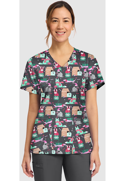 Genuine CK856 Women's Print V-Neck Scrub Top Feliz Naughty Dogs