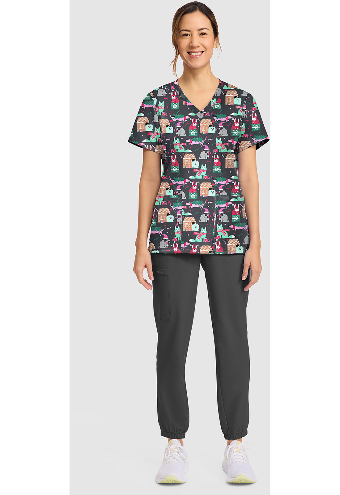 Genuine CK856 Women's Print V-Neck Scrub Top Feliz Naughty Dogs