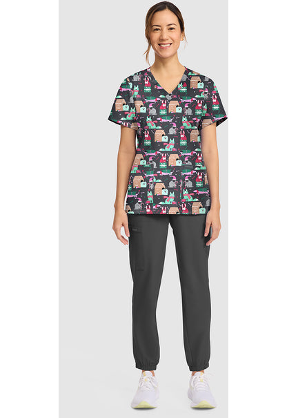 Genuine CK856 Women's Print V-Neck Scrub Top Feliz Naughty Dogs