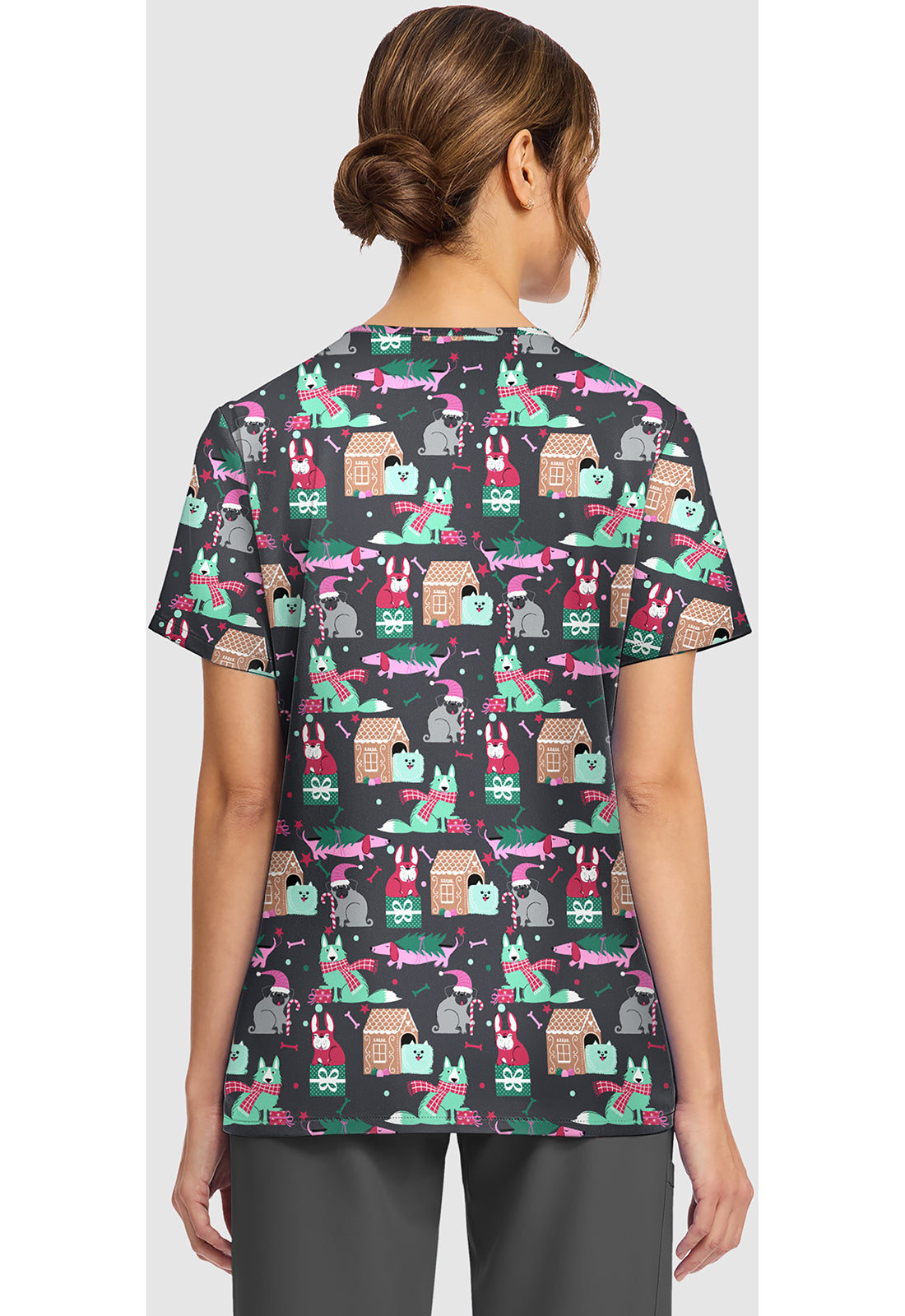 Genuine CK856 Women's Print V-Neck Scrub Top Feliz Naughty Dogs